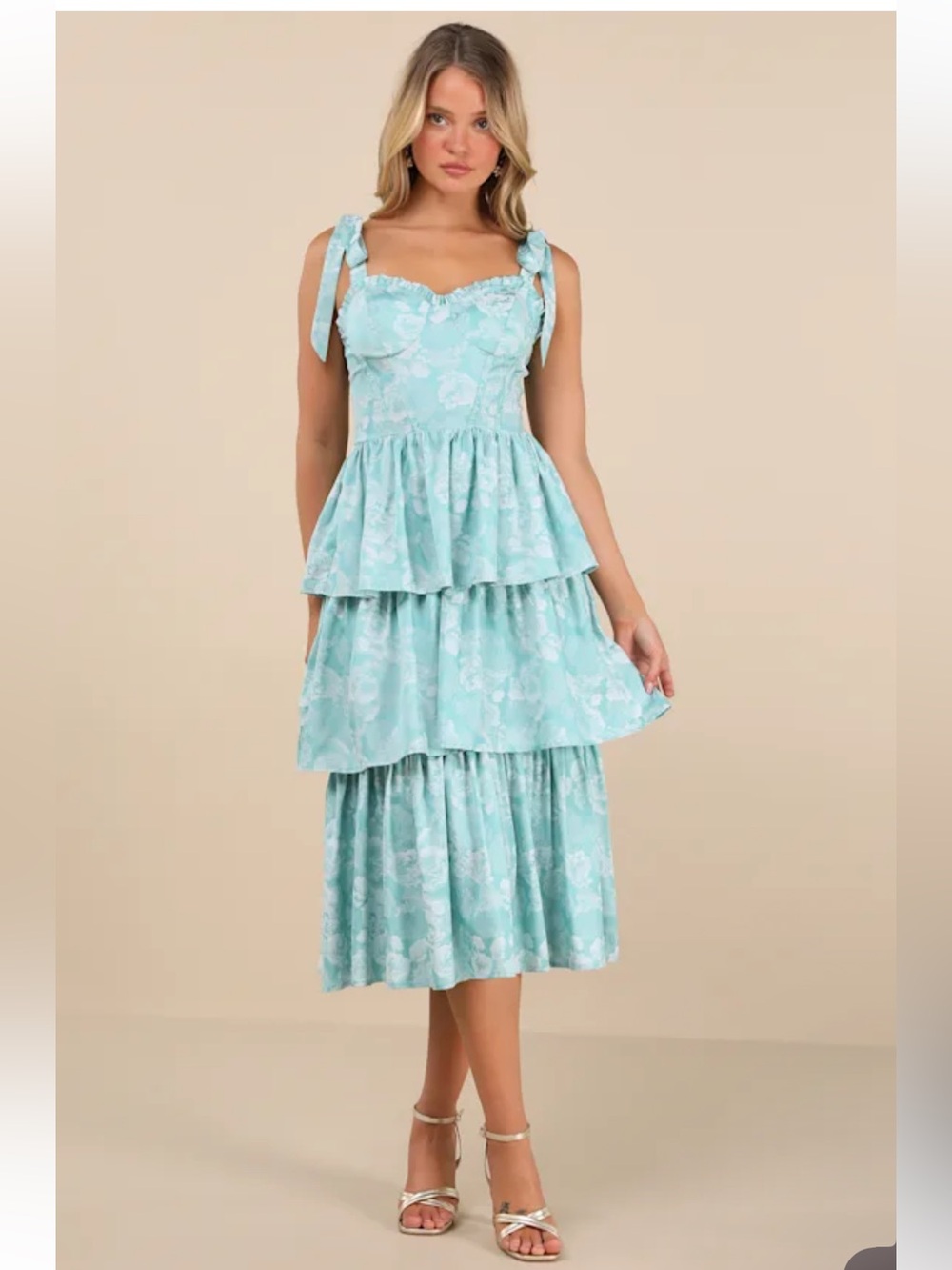 NWT Lulus Lovely Bliss Aqua Floral Jacquard Strapless Bustier Midi Dress